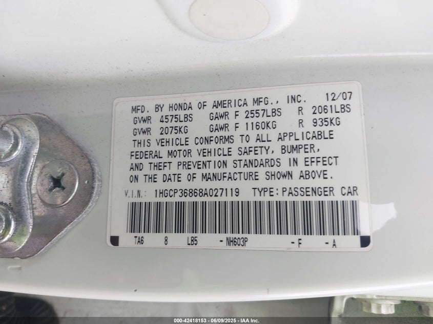 2008 Honda Accord VIN: 1HGTP36868A027119 Lot: 42418153