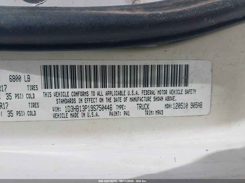 2009 DODGE RAM 1500 VIN: 1D3HB13P19S750446