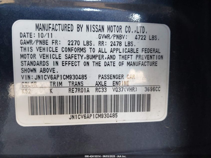 2012 Infiniti G37 Journey VIN: JN1CV6AP1CM930485 Lot: 42418314