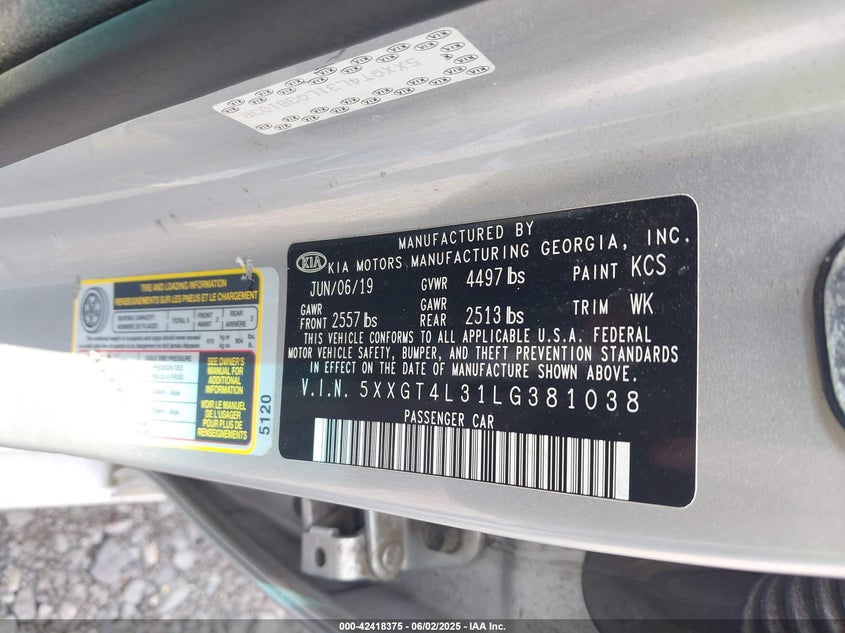 2020 KIA OPTIMA VIN: 5XXGT4L31LG381038