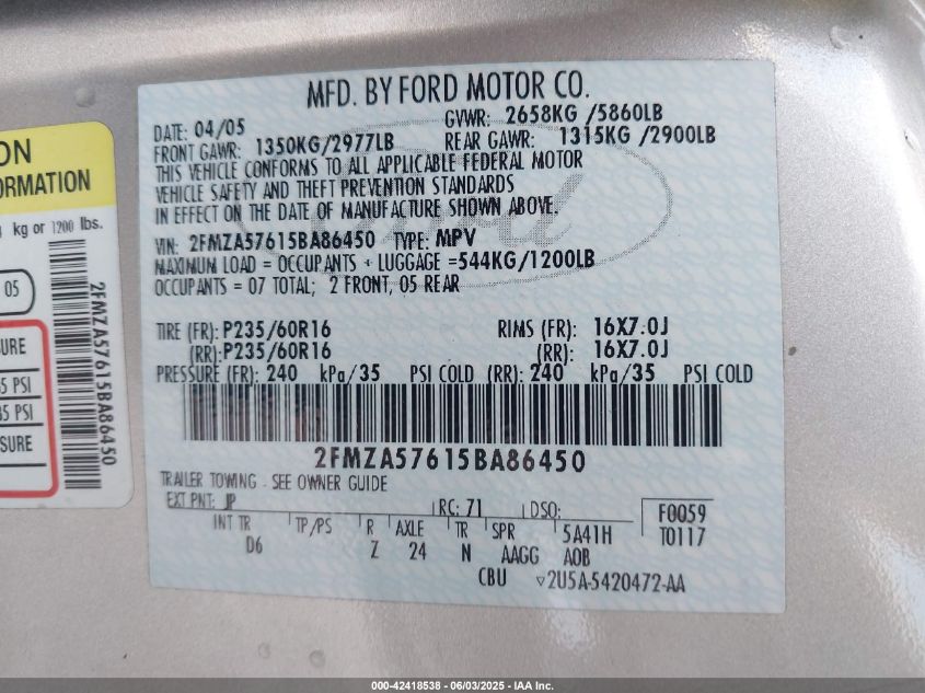 2005 Ford Freestar Ses VIN: 2FMZA57615BA86450 Lot: 42418538