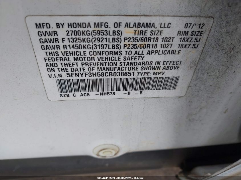 2012 Honda Pilot Ex-L VIN: 5FNYF3H58CB038651 Lot: 42418569