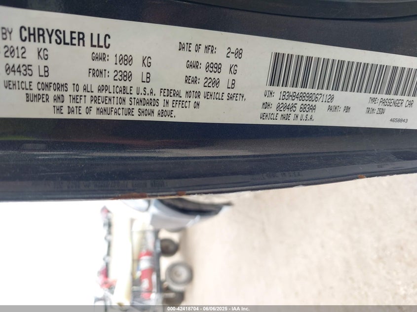 2008 DODGE CALIBER VIN: 1B3HB48B98D671120