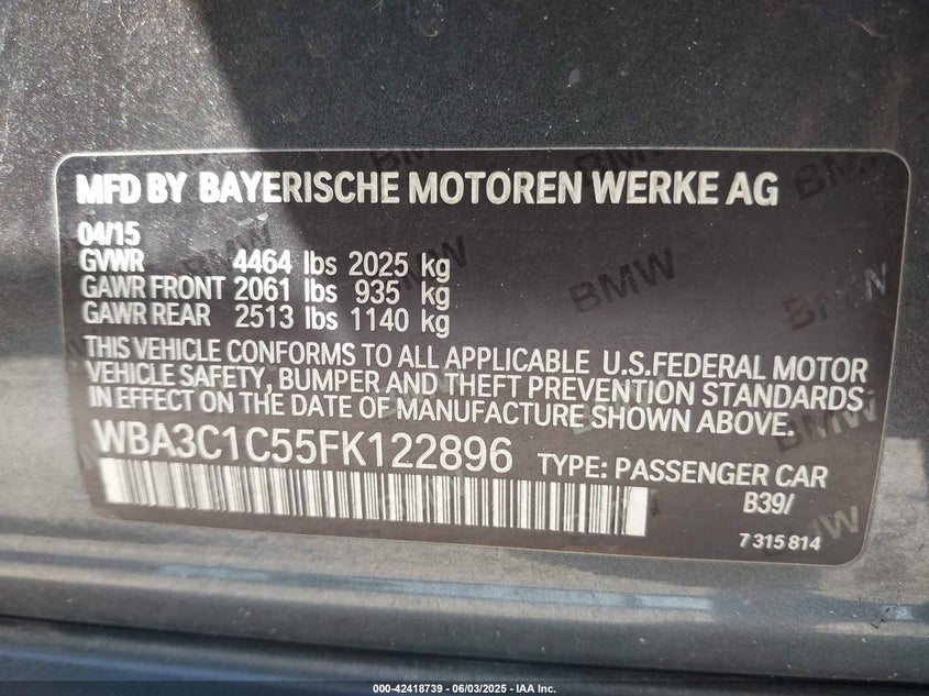 WBA3C1C55FK122896 | 2015 BMW 328 I Sulev