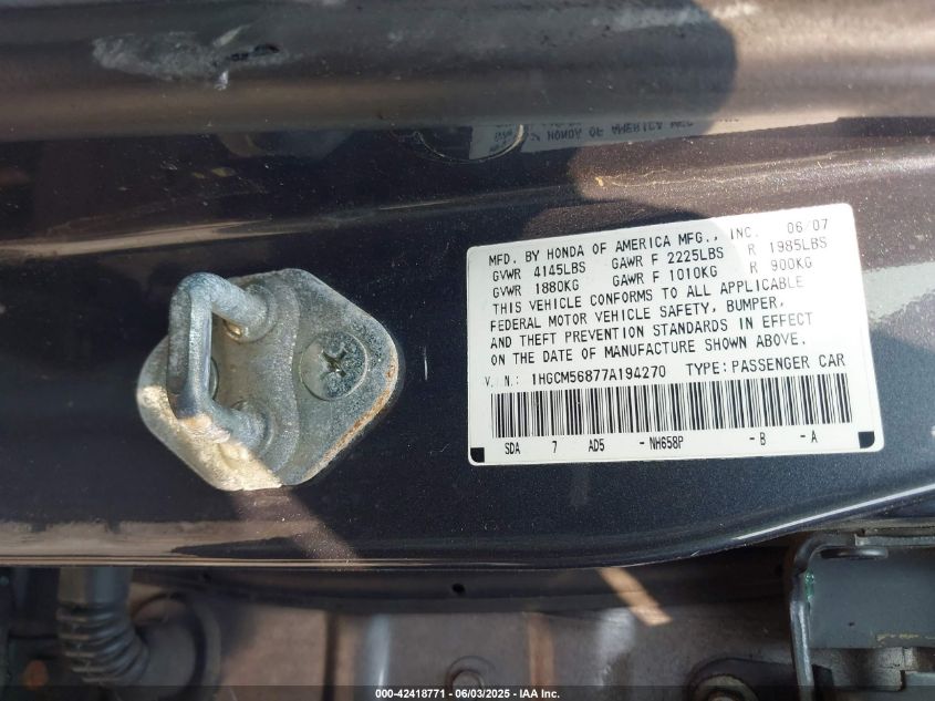 2007 Honda Accord 2.4 Ex VIN: 1HGCM56877A194270 Lot: 42418771