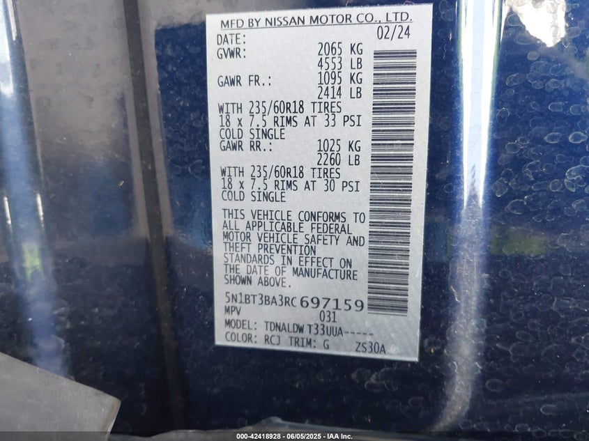 VIN 5N1BT3BA3RC697159 2024 NISSAN ROGUE SV FWD