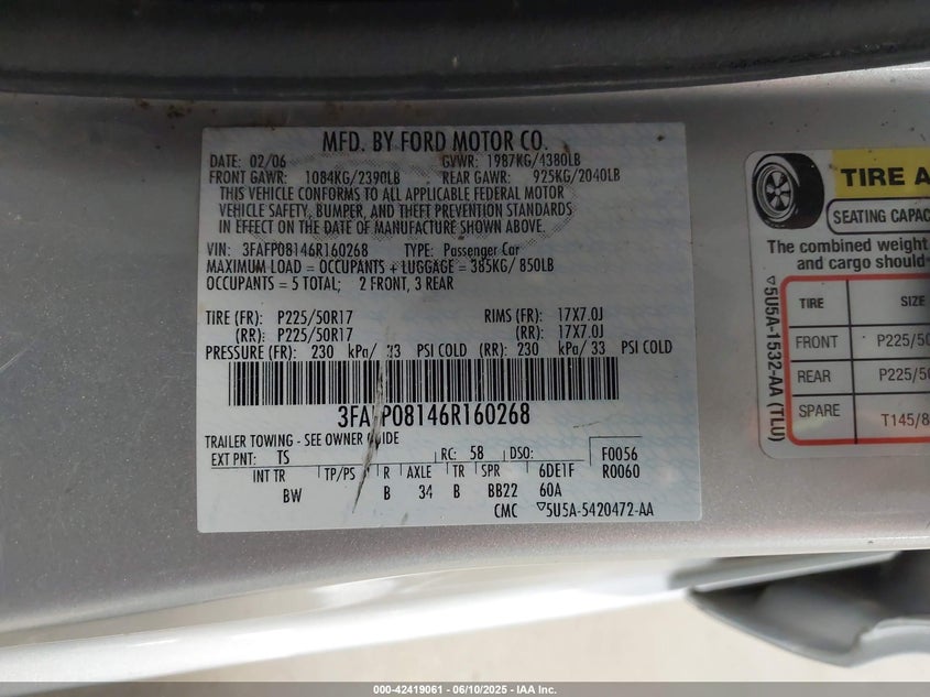 2006 FORD FUSION VIN: 3FAFP08146R160268