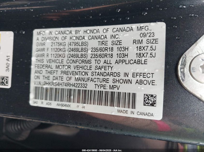 2024 Honda Cr-V Ex-L Awd VIN: 2HKRS4H74RH422332 Lot: 42419080