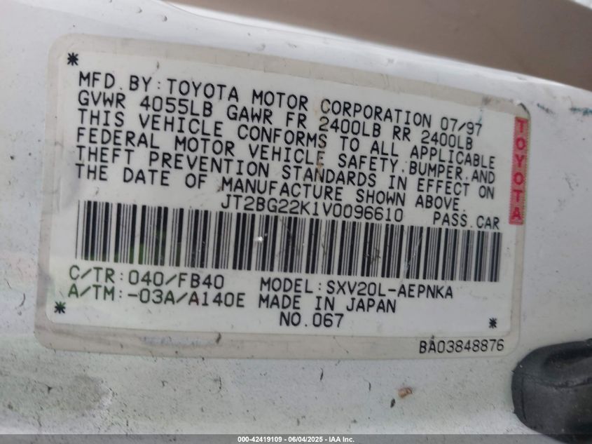 1997 Toyota Camry Le VIN: JT2BG22K1V0096610 Lot: 42419109