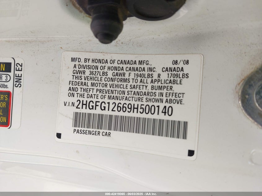 2009 Honda Civic Lx VIN: 2HGFG12669H500140 Lot: 42419365