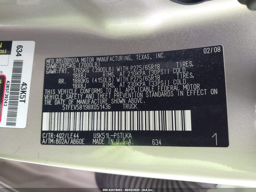 2008 Toyota Tundra Limited 5.7L V8 VIN: 5TFEV58198X051436 Lot: 42419483