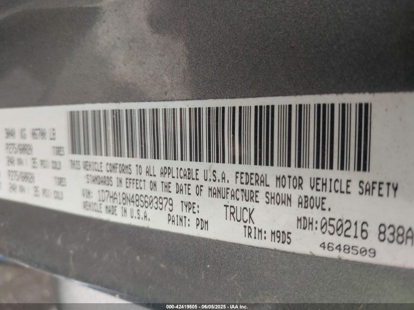 2008 Dodge Ram 1500 Slt VIN: 1D7HA18N48S603979 Lot: 42419505
