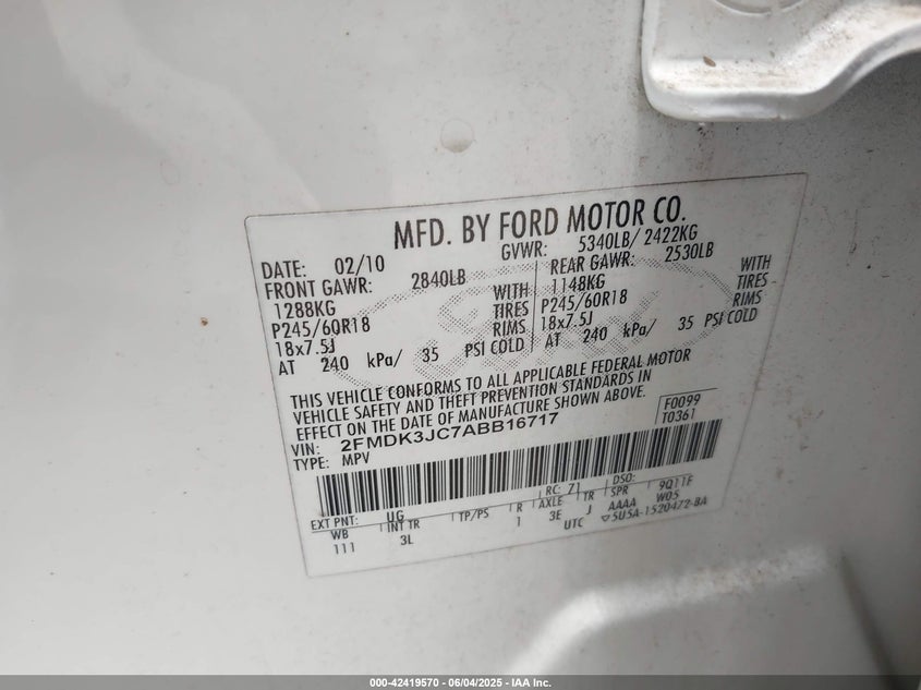 2010 FORD EDGE VIN: 2FMDK3JC7ABB16717