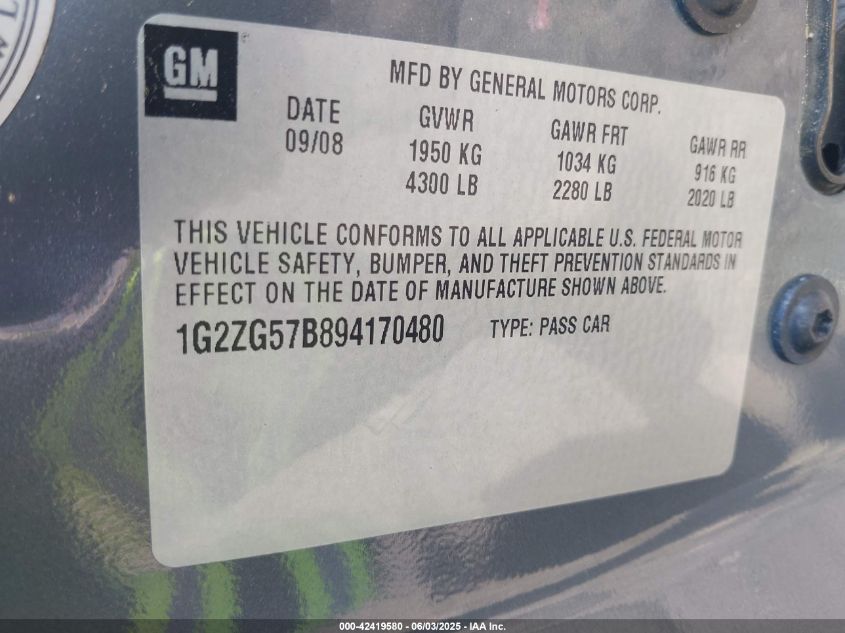 2009 Pontiac G6 VIN: 1G2ZG57B894170480 Lot: 42419580