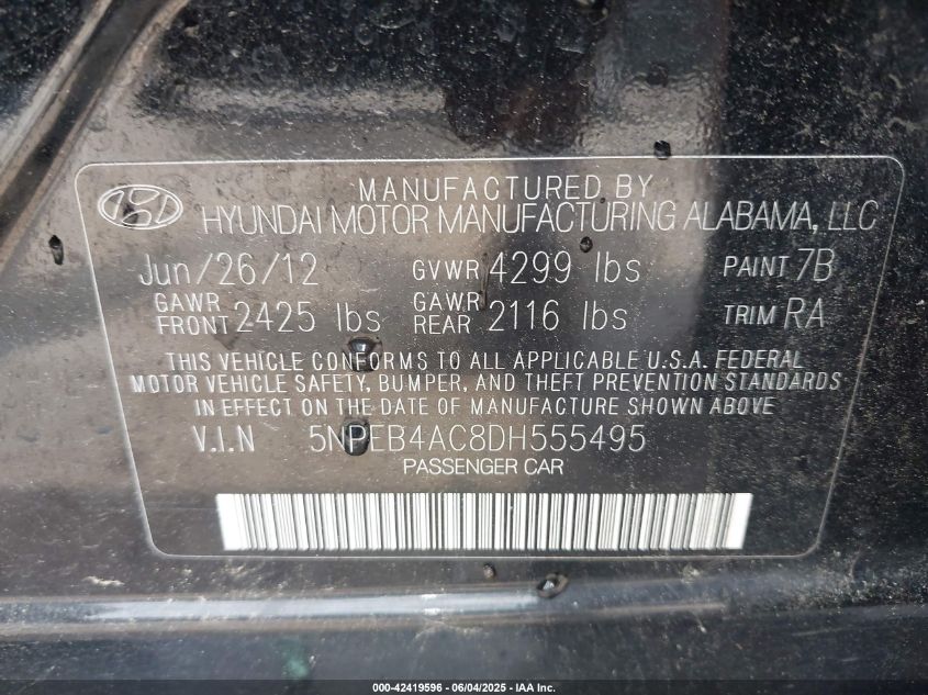 2013 Hyundai Sonata Gls VIN: 5NPEB4AC8DH555495 Lot: 42419596