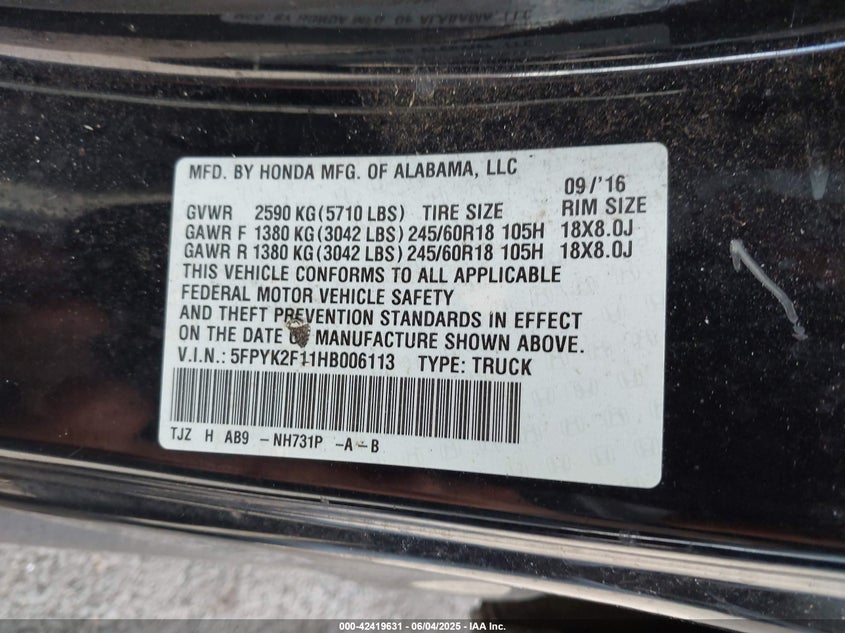 2017 HONDA RIDGELINE SPORT - 5FPYK2F11HB006113