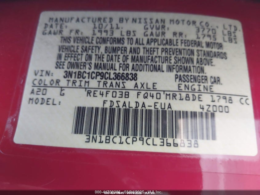 2012 Nissan Versa 1.8 S VIN: 3N1BC1CP9CL366838 Lot: 42419645