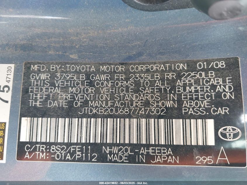 2008 Toyota Prius VIN: JTDKB20U687747302 Lot: 42419652
