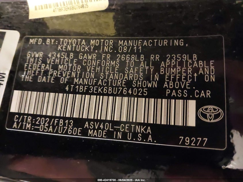2011 TOYOTA CAMRY VIN: 4T1BF3EK6BU764025