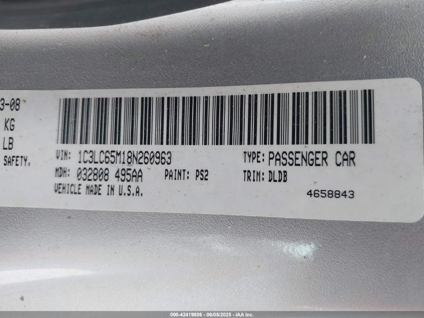 2008 Chrysler Sebring Limited VIN: 1C3LC65M18N260963 Lot: 42419806