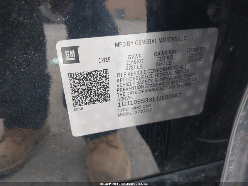 2020 CHEVROLET IMPALA VIN: 1G1105S3XLU107667