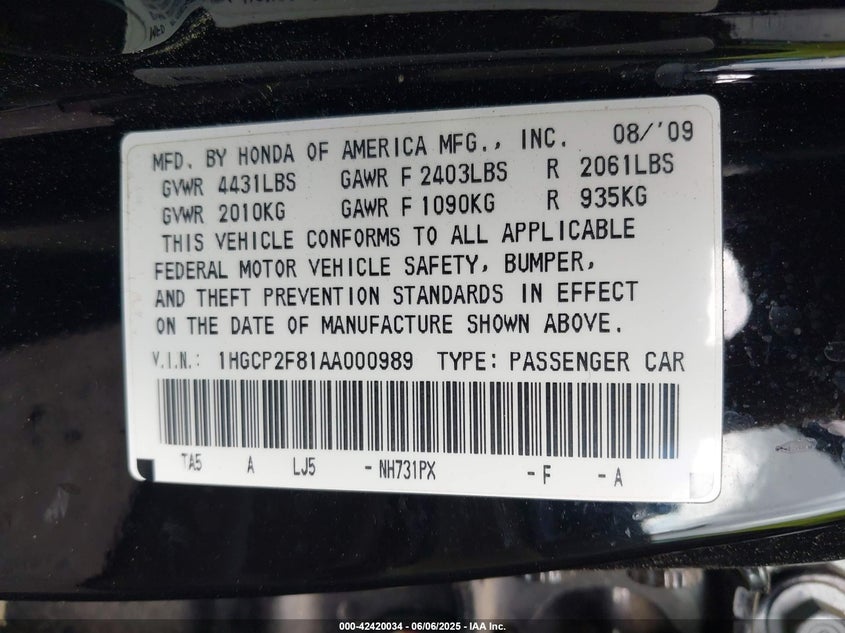 2010 HONDA ACCORD VIN: 1HGCP2F81AA000989