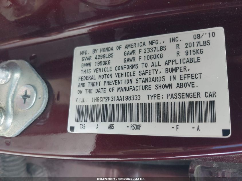 2010 Honda Accord 2.4 Lx VIN: 1HGCP2F31AA198333 Lot: 42420071