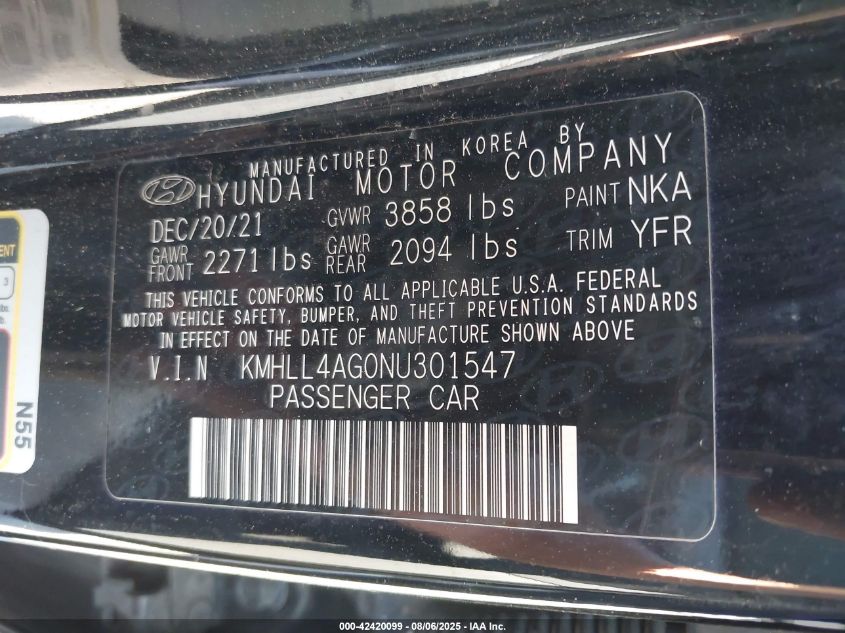 2022 Hyundai Elantra Se VIN: KMHLL4AG0NU301547 Lot: 42420099