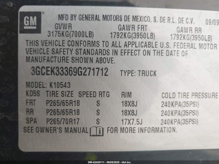 2009 Chevrolet Silverado 1500 Ltz VIN: 3GCEK33369G271712 Lot: 42420111