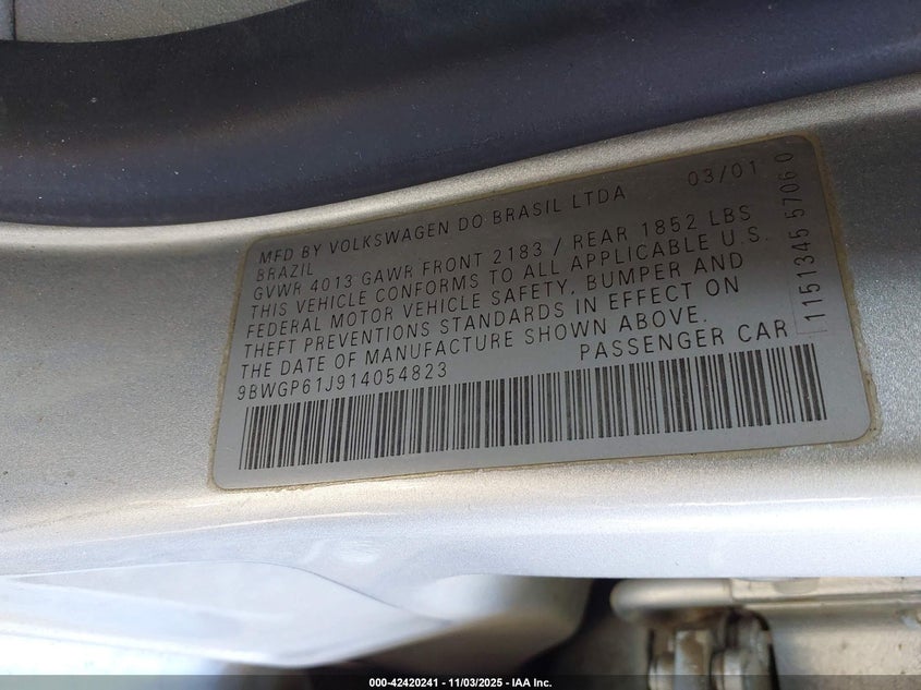 9BWGP61J914054823 2001 VOLKSWAGEN GOLF photo no. 9