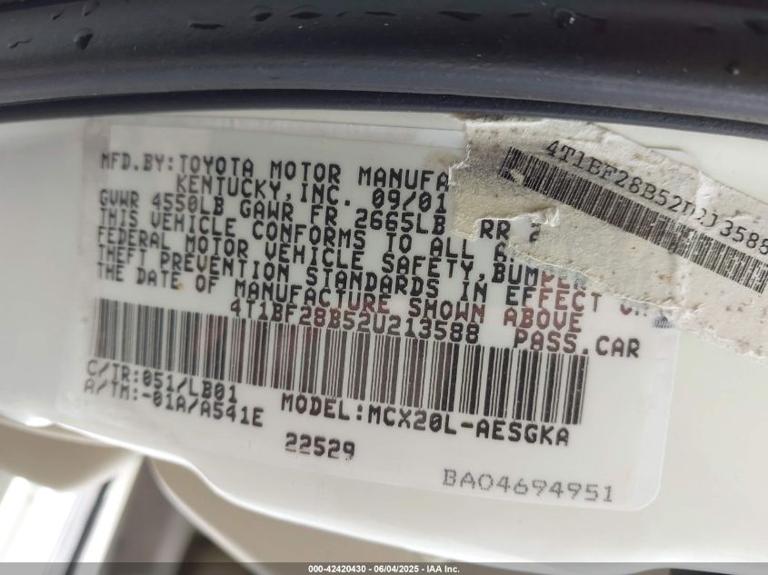 2002 Toyota Avalon Xls VIN: 4T1BF28B52U213588 Lot: 42420430