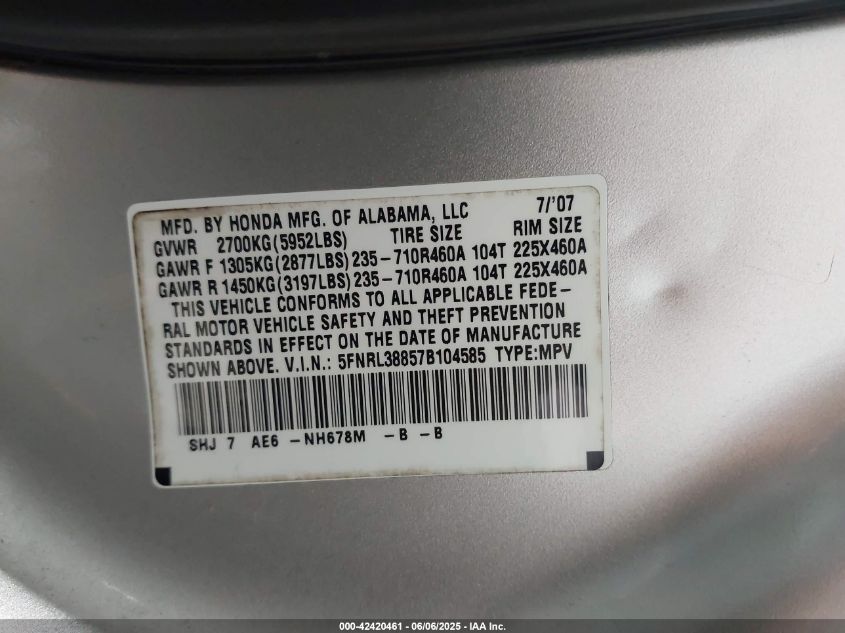 2007 Honda Odyssey Touring VIN: 5FNRL38857B104585 Lot: 42420461