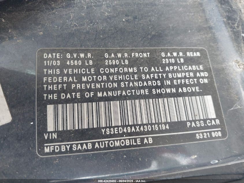 2004 Saab 9-5 Arc VIN: YS3ED49AX43015194 Lot: 42420492