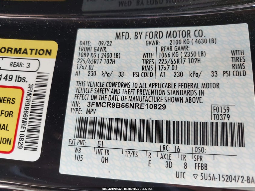 2022 FORD BRONCO SPORT VIN: 3FMCR9B66NRE10829