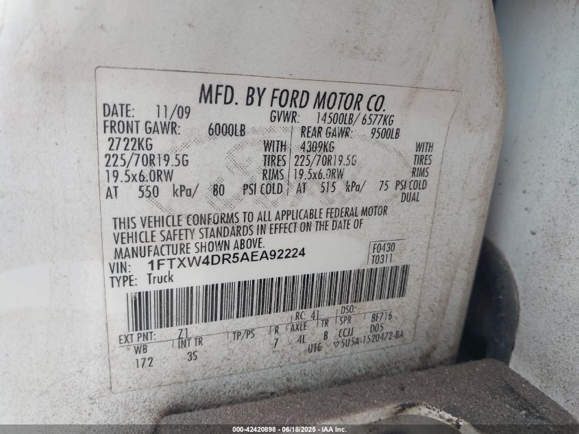 2010 Ford F-450 Harley-Davidson/King Ranch/Lariat/Xl/Xlt VIN: 1FTXW4DR5AEA92224 Lot: 42420898