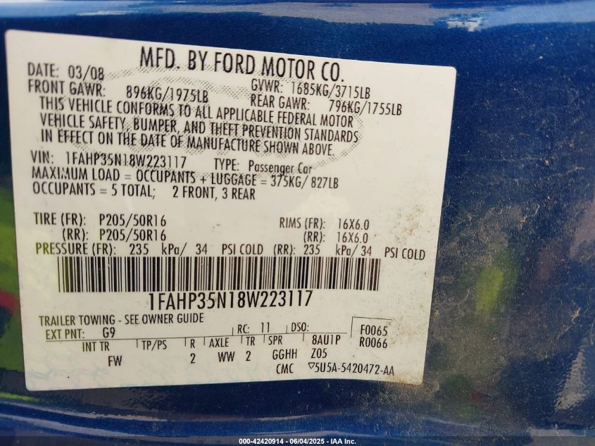 2008 Ford Focus Se/Ses VIN: 1FAHP35N18W223117 Lot: 42420914