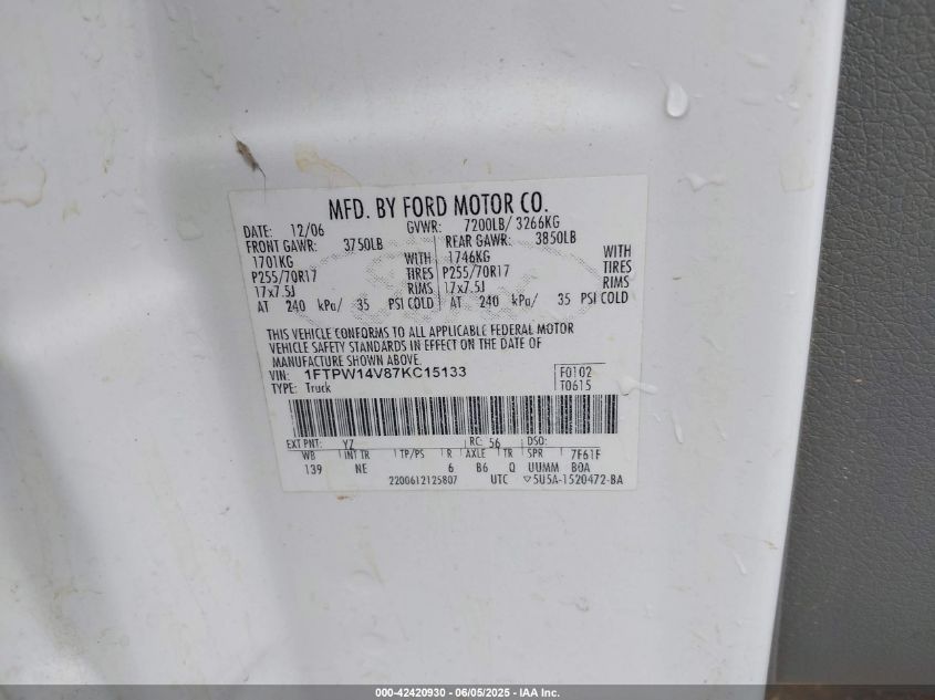 2007 Ford F150 VIN: 1FTBW14P8TKC15133 Lot: 42420930