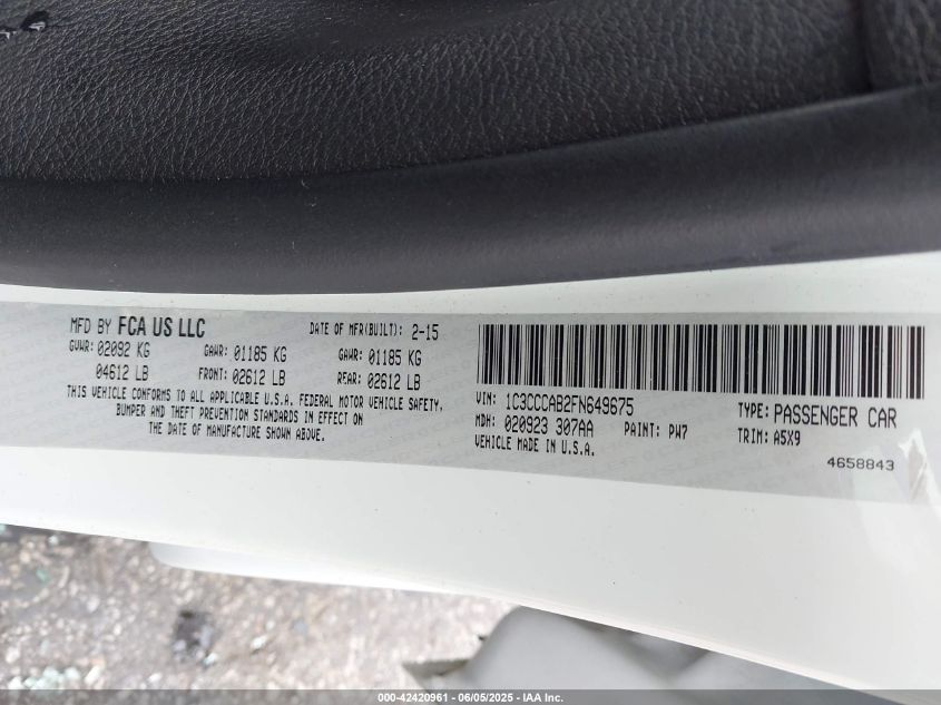 2015 Chrysler 200 Limited VIN: 1C3CCCAB2FN649675 Lot: 42420961