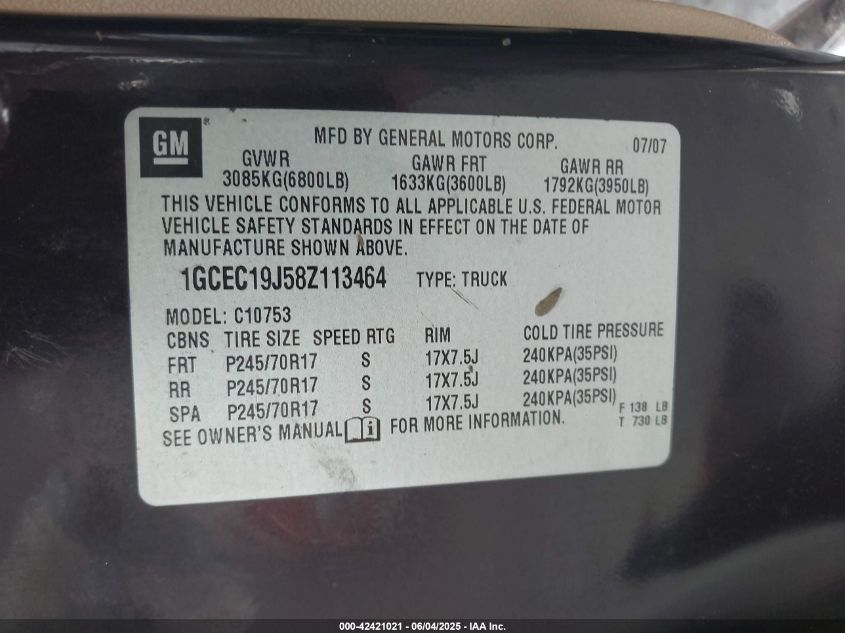 2008 Chevrolet Silverado 1500 Lt1 VIN: 1GCEC19J58Z113464 Lot: 42421021