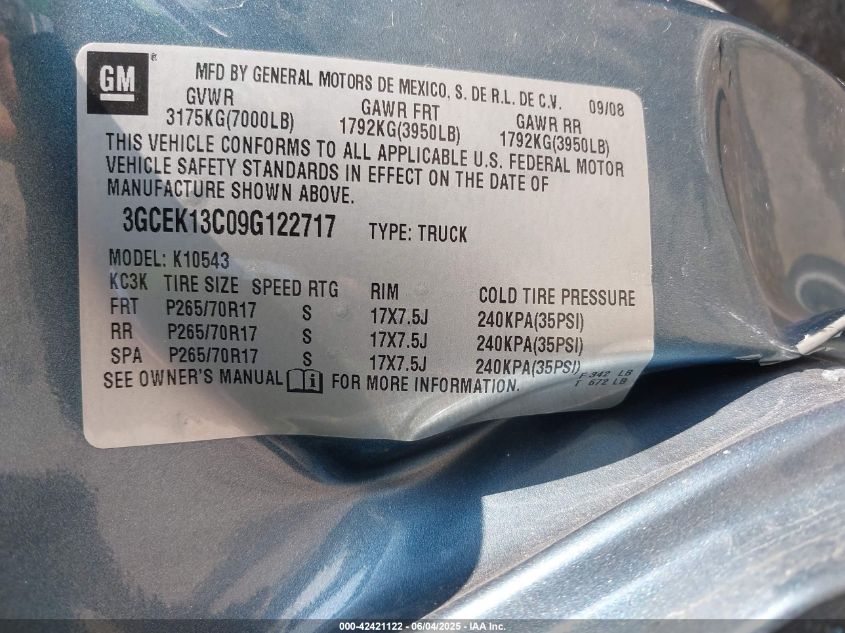 2009 Chevrolet Silverado 1500 Work Truck VIN: 3GCEK13C09G122717 Lot: 42421122