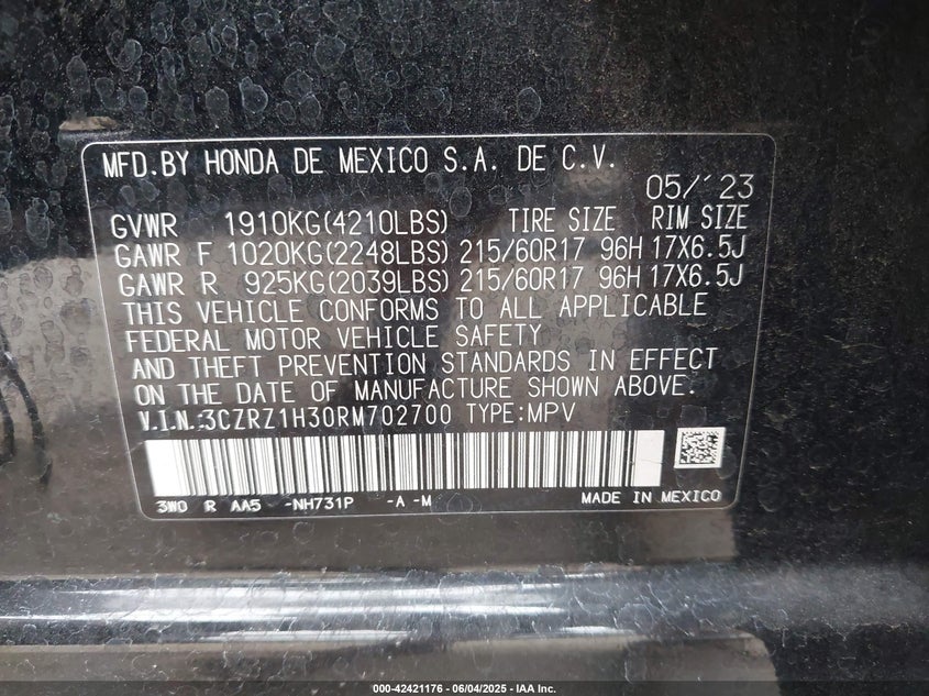 VIN 3CZRZ1H30RM702700 2024 HONDA HR-V 2WD LX