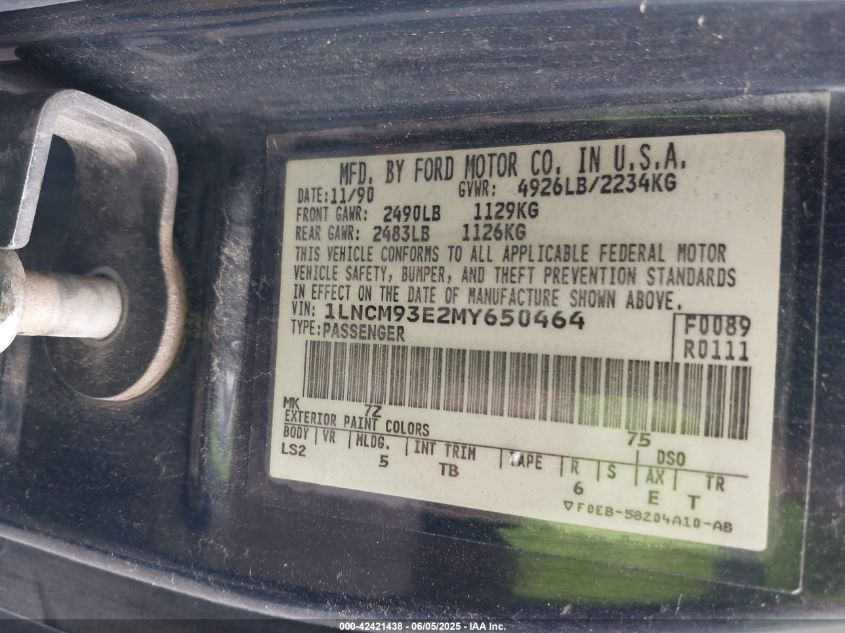 1991 Lincoln Mark Vii Lsc VIN: 1LNCM93E2MY650464 Lot: 42421438
