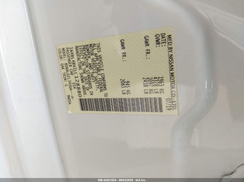 2020 Nissan Altima S Fwd VIN: 1N4BL4BV2LC128880 Lot: 42421524