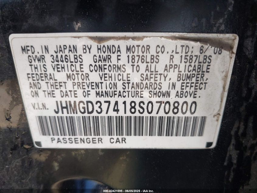 2008 Honda Fit VIN: JHMGD37418S070800 Lot: 42421595