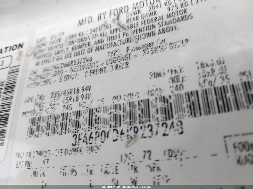 2019 FORD FUSION VIN: 3FA6P0CD6KR237248