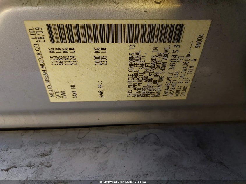 VIN 1N4AA6CV9LC360453 2020 NISSAN MAXIMA SV XTRONIC CVT