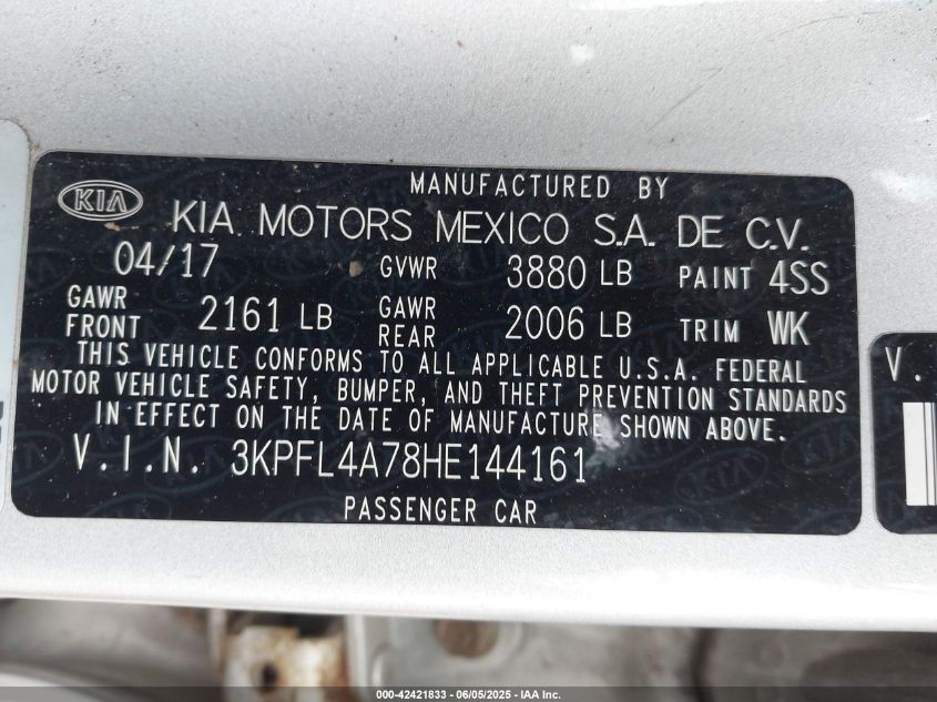 2017 Kia Forte Lx VIN: 3KPFL4A78HE144161 Lot: 42421833