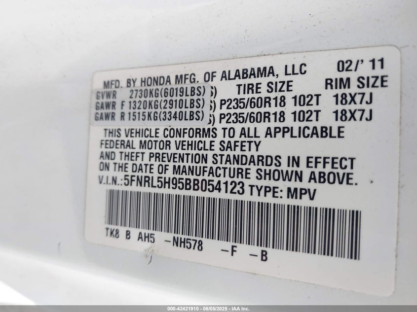 2011 HONDA ODYSSEY VIN: 5FNRL5H95BB054123