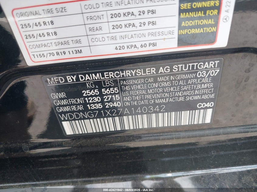 2007 MERCEDES-BENZ S VIN: WDDNG71X27A140342