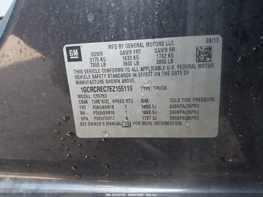 2014 CHEVROLET SILVERADO 1500 VIN: 1GCRCREC7EZ155119